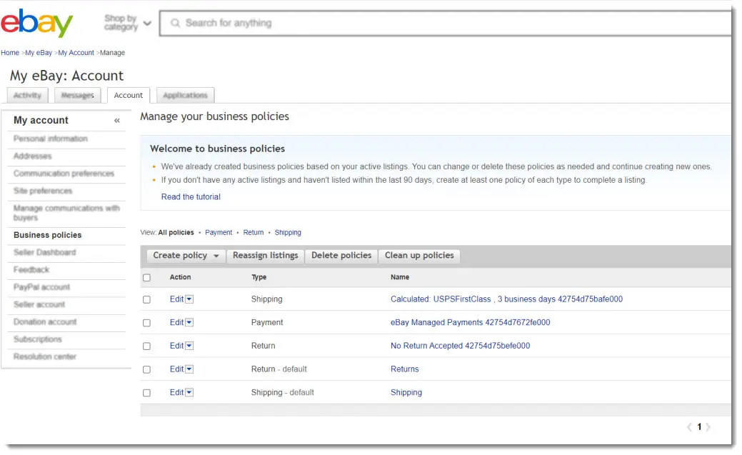 eBay Business policies