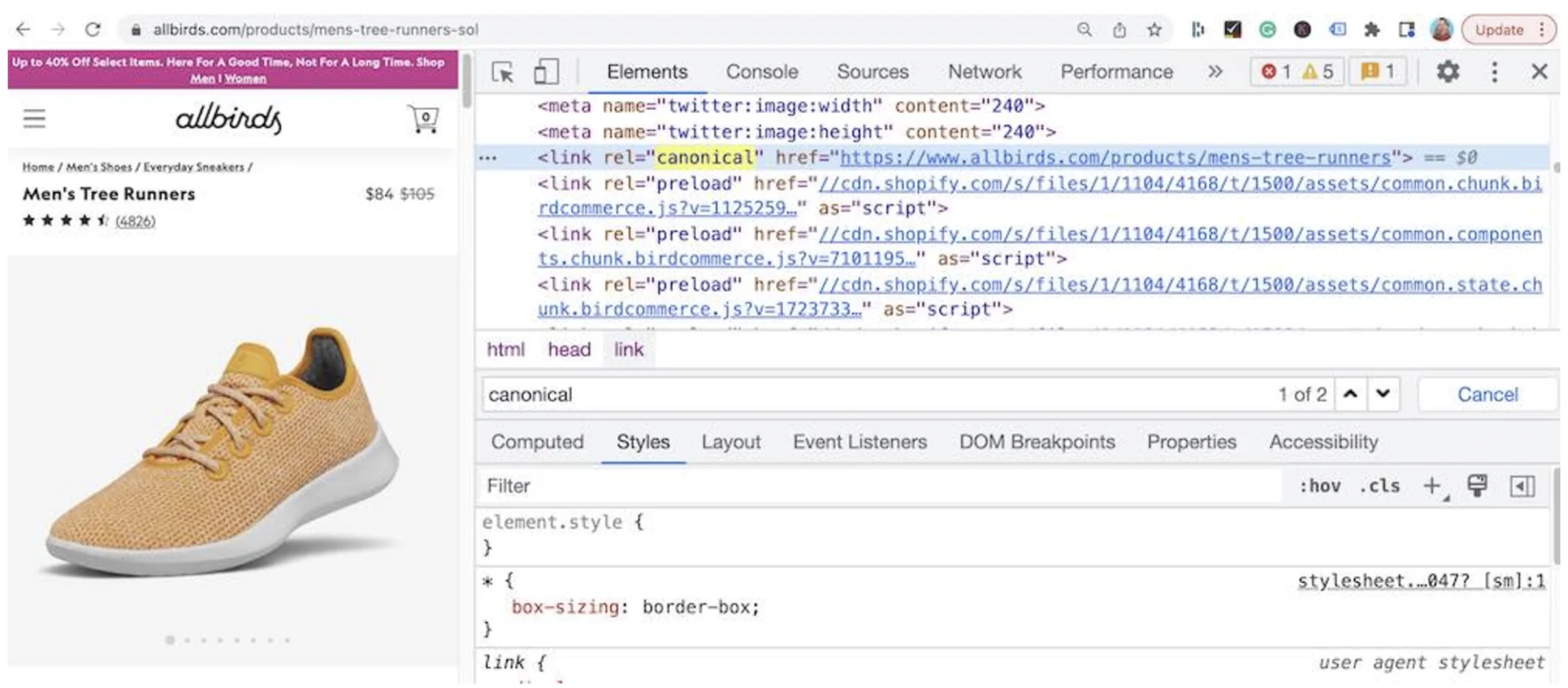 Canonical tag example on ecommerce site